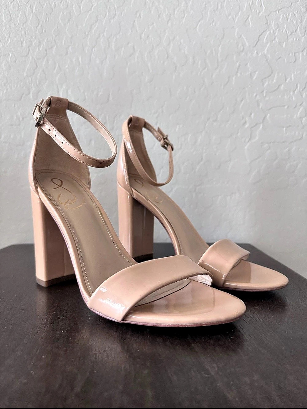 Same Edelman Nude Patent Ankle Strap Block Heel Sandals